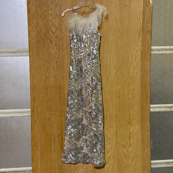 Who doesn’t need some feathers in their life? Beautiful silver cream formal - Picture 1 of 11